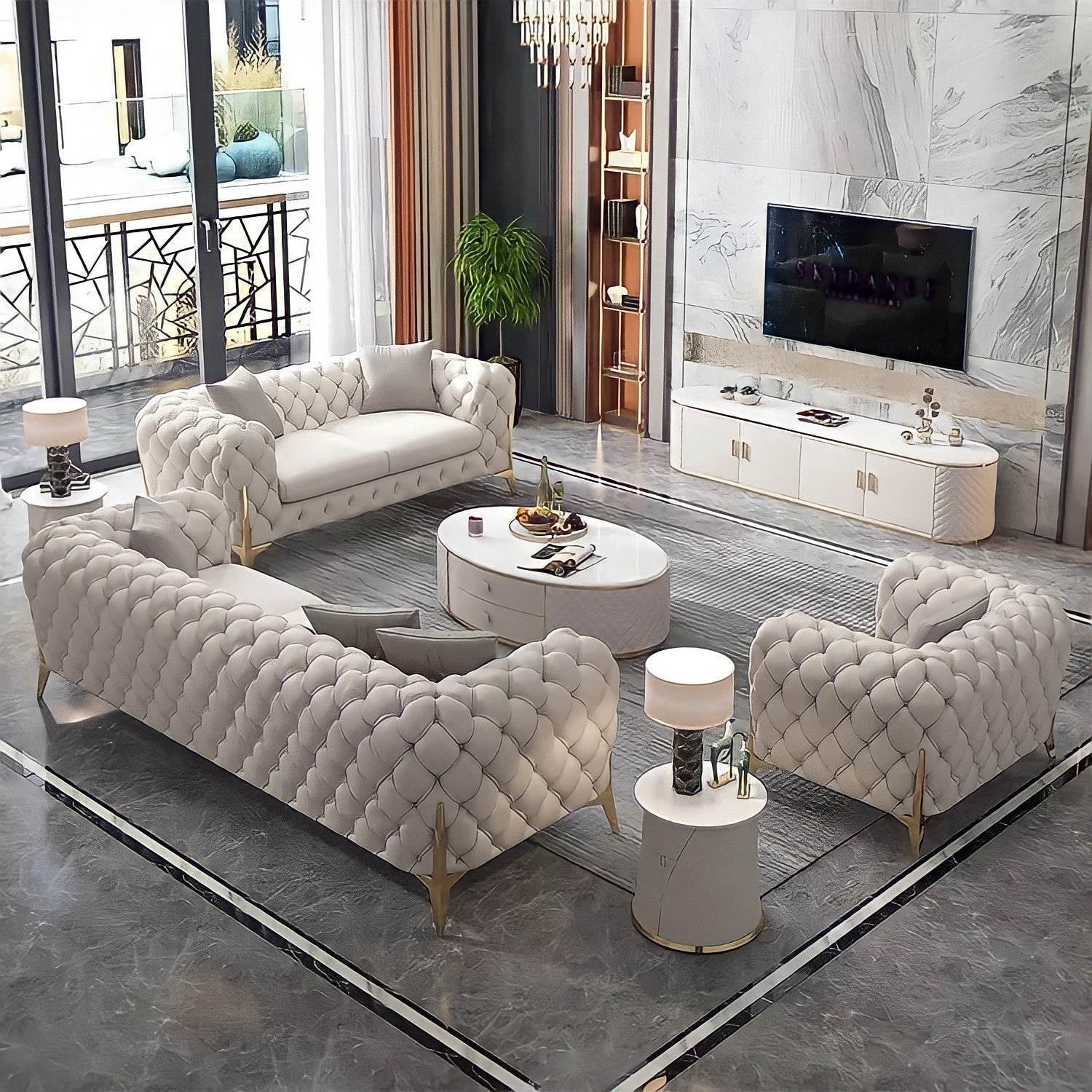 The Rocky Chesterfield Sofas Sets in Luxury Light Cream Leather - Smartshopper-uk
