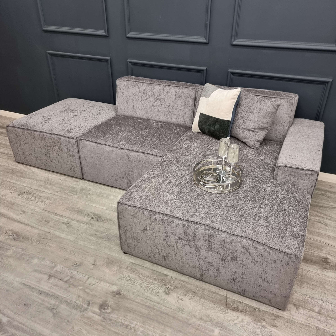 Stylish Atlanta Modula Sofa - Corner Combination by Furnish 365 Limited featuring a chic grey design, decorative cushions, and a neat tray, perfect for contemporary living spaces.