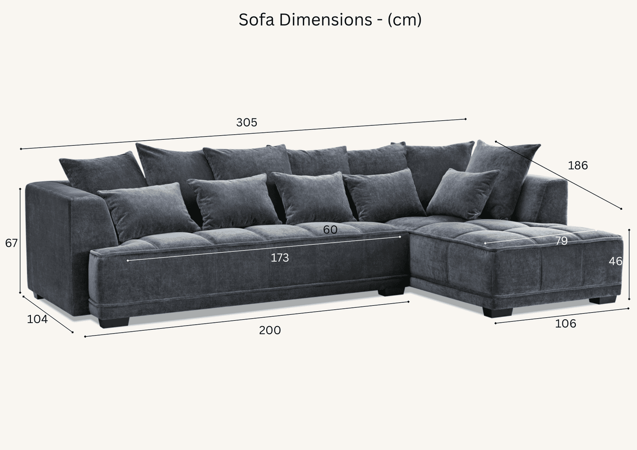 Dimension diagram of the Aluxo Gramercy Group sofa in steel velvet, detailing measurements for optimal fitting in your space.