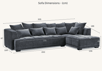 Dimension diagram of the Aluxo Gramercy Group sofa in steel velvet, detailing measurements for optimal fitting in your space.