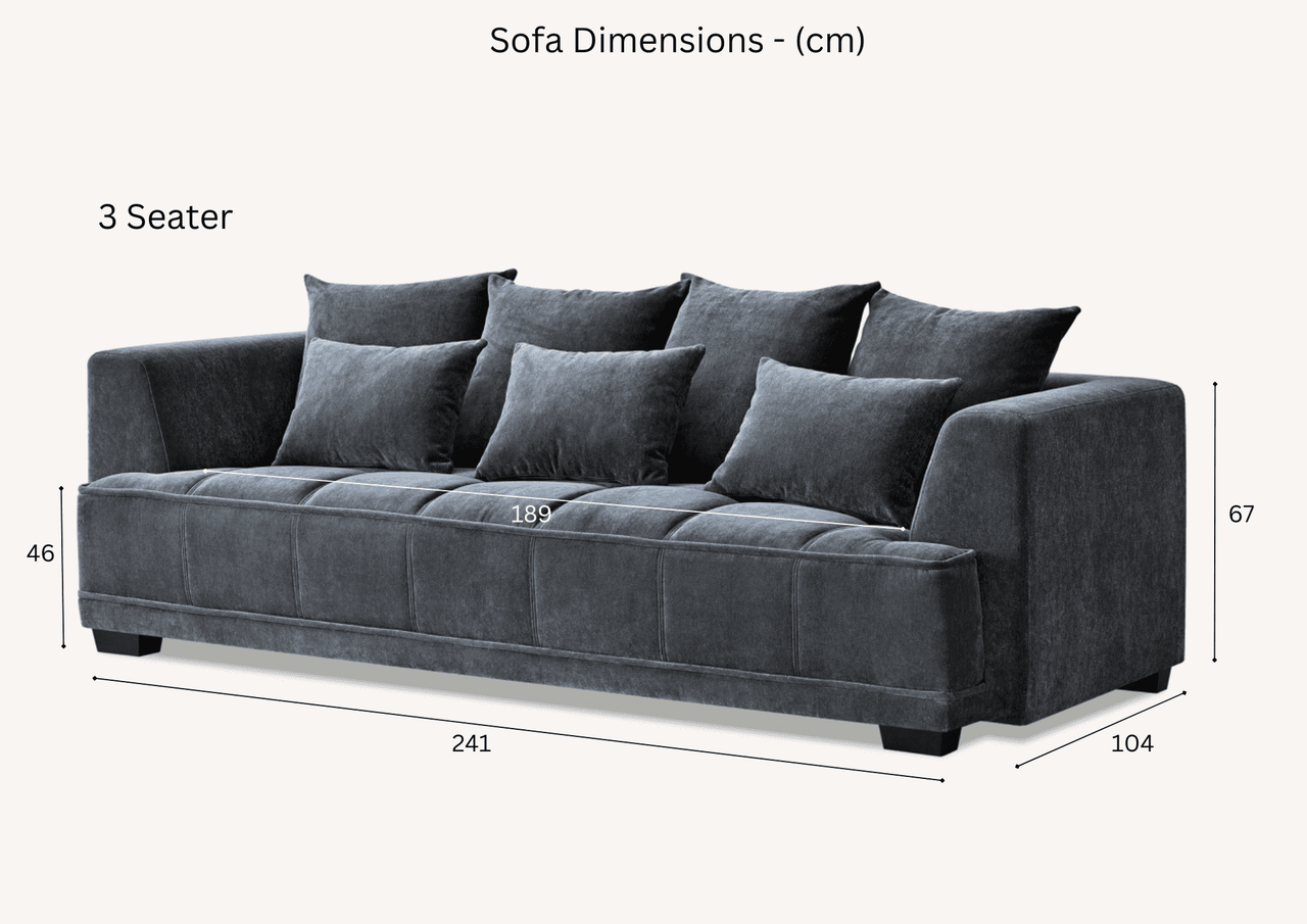 Dimensions of the 3-seater Aluxo Gramercy Group sofa in Steel Velvet, displayed graphically with measurements for easy reference.