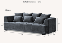 Dimensions of the 3-seater Aluxo Gramercy Group sofa in Steel Velvet, displayed graphically with measurements for easy reference.