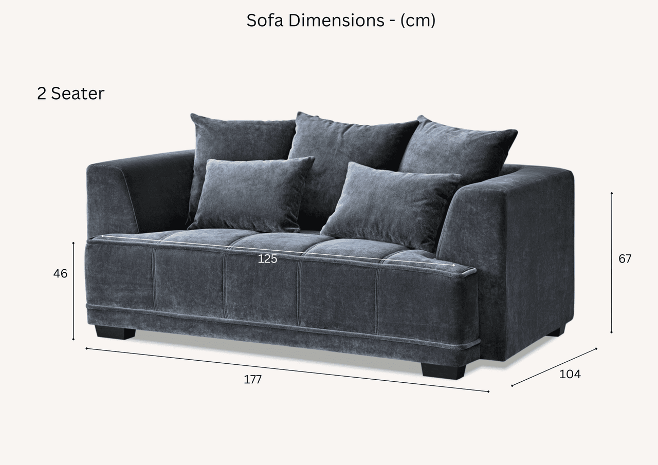 Dimensions of the 2-seater Aluxo Gramercy Group sofa in Steel Velvet, illustrated with clear measurements for customer convenience.