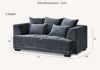 Dimensions of the 2-seater Aluxo Gramercy Group sofa in Steel Velvet, illustrated with clear measurements for customer convenience.