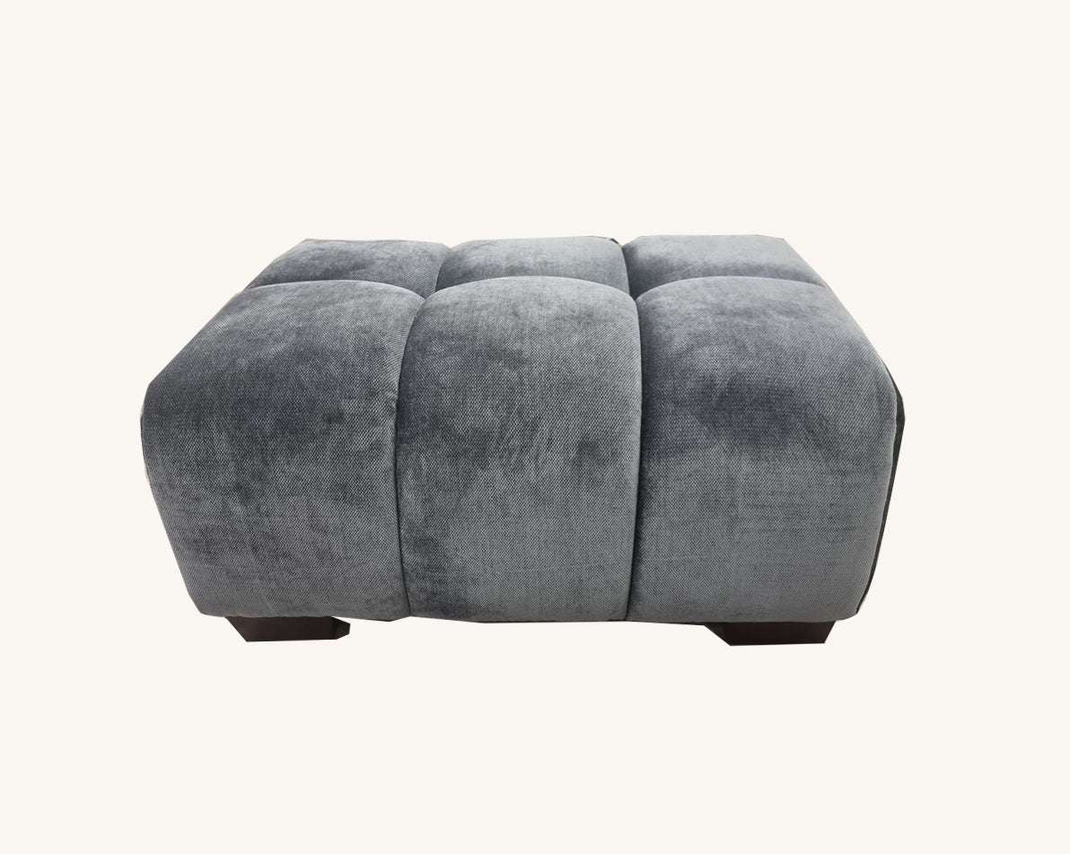 Aluxo Harlem Sofa Range in Steel Velvet ottoman view with a plush padded design, adding a touch of luxury and comfort to any room.