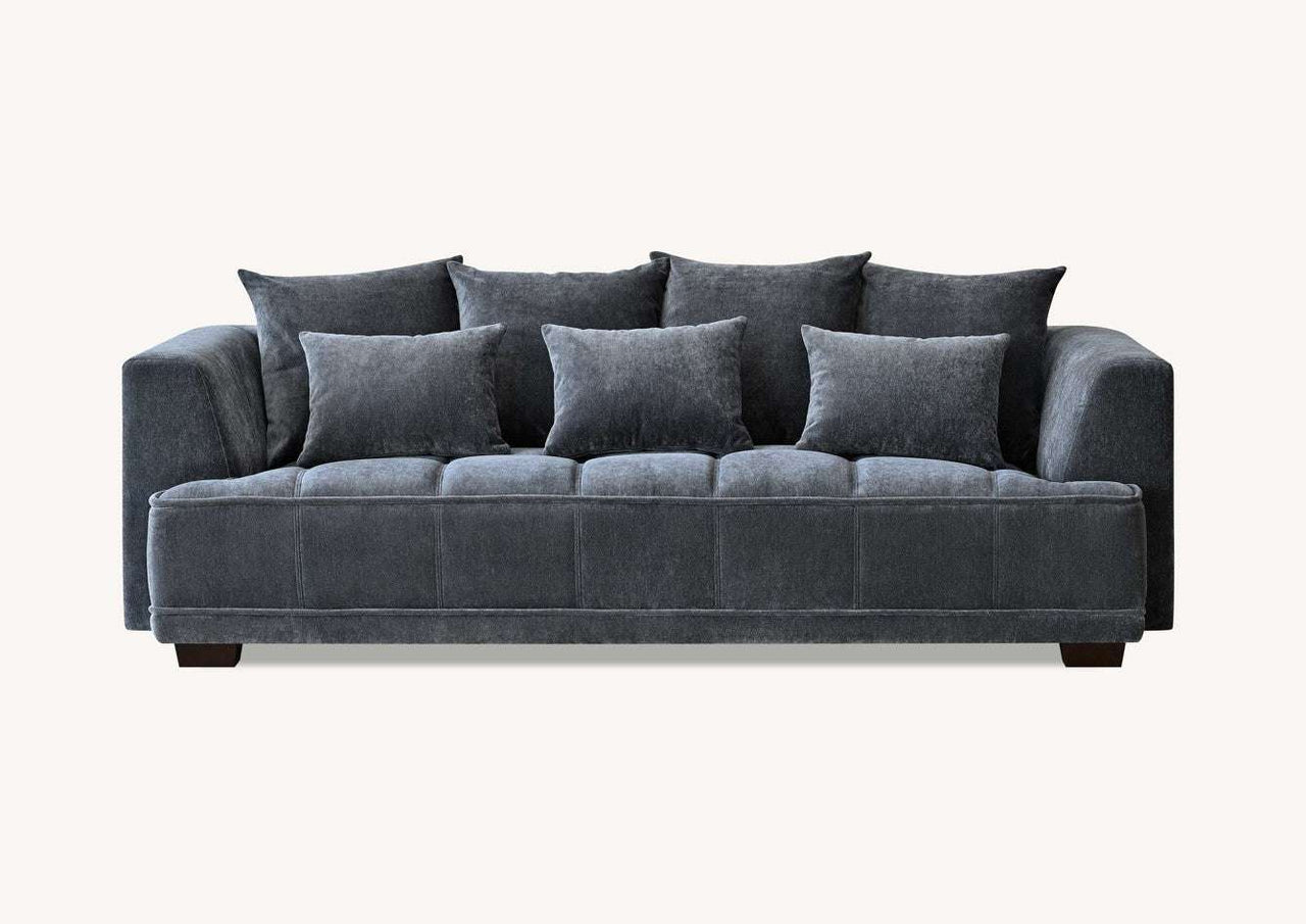 Another angle of the Aluxo Gramercy sofa in Steel Velvet, displaying its sophisticated design and comfortable seating arrangement, suitable for stylish living rooms.