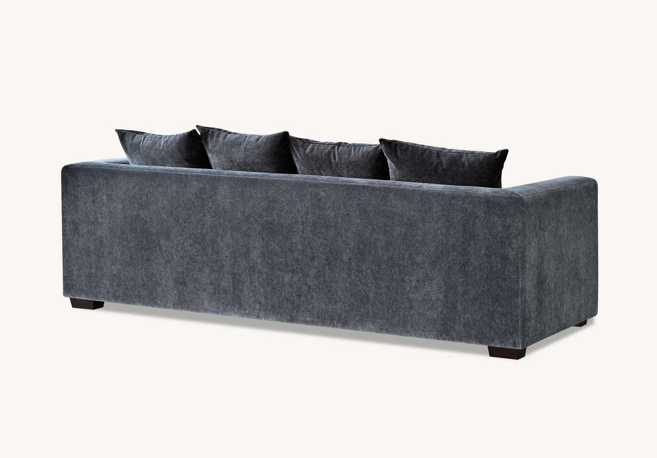 Back view of the Aluxo Gramercy sofa in Steel Velvet, emphasizing its clean lines and plush cushions, a perfect fit for any modern interior.