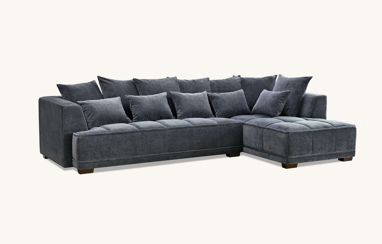 A comprehensive view of the Aluxo Gramercy Group in Steel Velvet, featuring the entire sectional sofa from a frontal perspective.