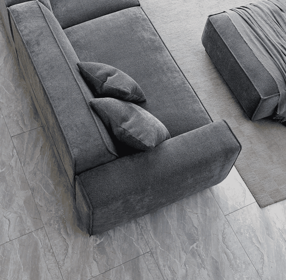 Top view of the Aluxo Dakota Sofa Range in Charcoal Boucle, showcasing its plush cushions and sleek design.