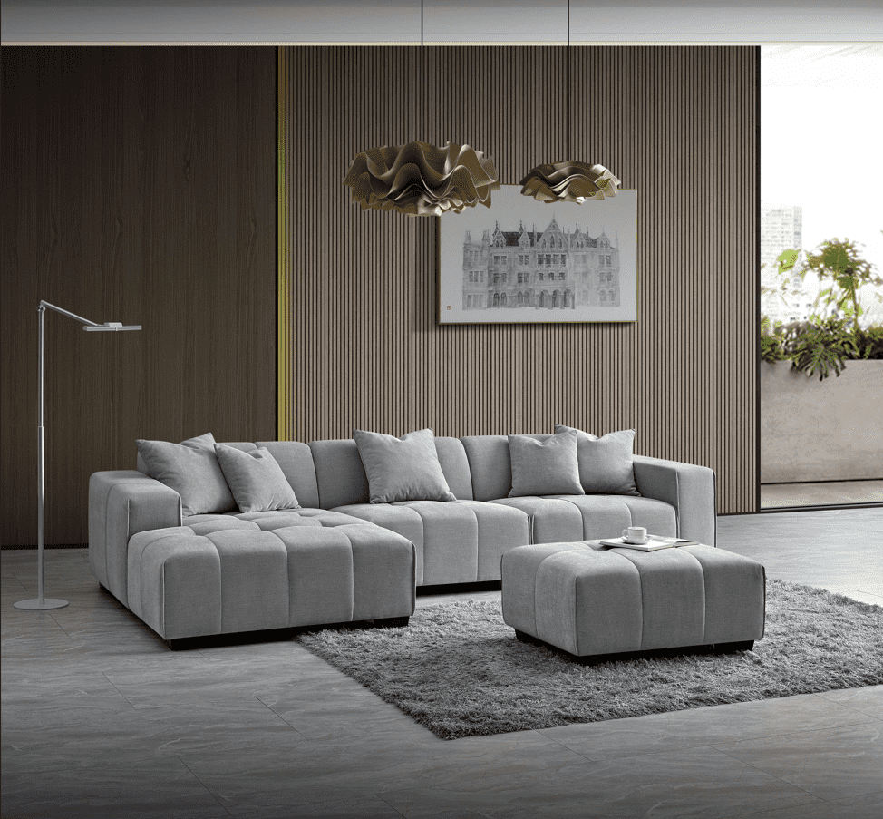 Aluxo Leonard Left Hand Corner Group in Cloudy Grey Boucle showcasing its plush cushions and cozy design.
