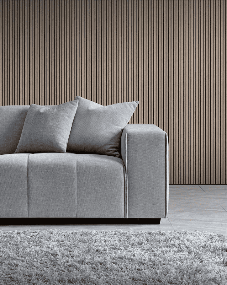 Closeup of the Aluxo Leonard Left Hand Corner Group in Cloudy Grey Boucle highlighting the beautiful tight weave fabric.