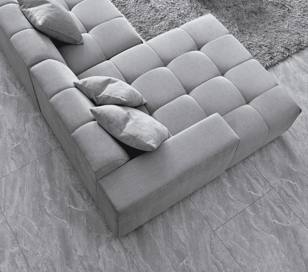 Aluxo Leonard Left Hand Corner Group in Cloudy Grey Boucle set in a modern living room environment.