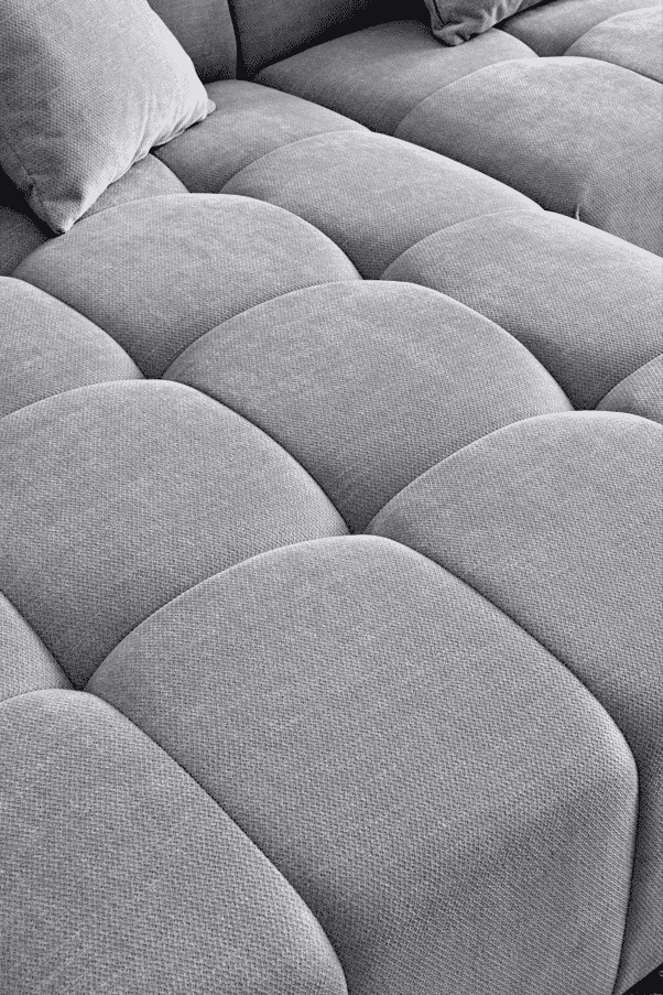 Aluxo Leonard Left Hand Corner Group in Cloudy Grey Boucle displaying its stylish modular design for easy assembly.
