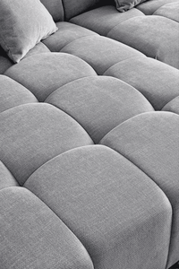Aluxo Leonard Left Hand Corner Group in Cloudy Grey Boucle displaying its stylish modular design for easy assembly.