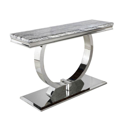 Stylish Arriana Console table by Furnish 365 Limited featuring a sleek marble top and polished stainless steel circular base, ideal for hallways and lounges.