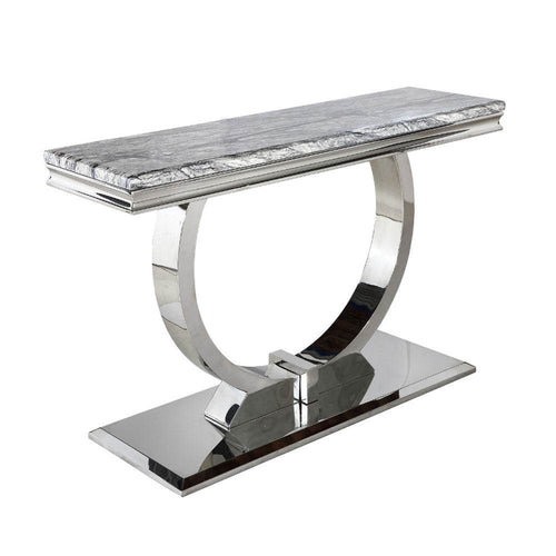 Stylish Arriana Console table by Furnish 365 Limited featuring a sleek marble top and polished stainless steel circular base, ideal for hallways and lounges.