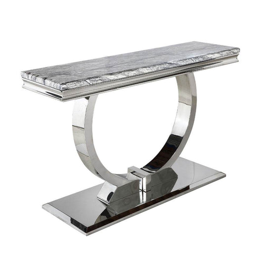 Stylish Arriana Console table by Furnish 365 Limited featuring a sleek marble top and polished stainless steel circular base, ideal for hallways and lounges.