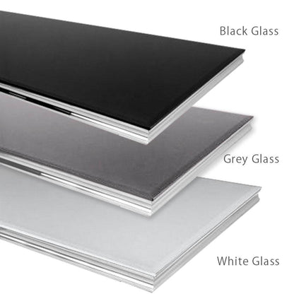 Different glass top options for the Arriana Console table by Furnish 365 Limited, showcasing black, grey, and white glass materials to suit various interior styles.