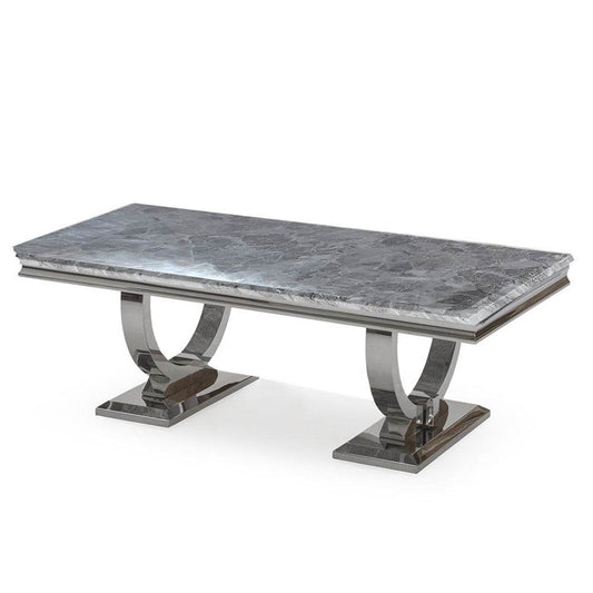 Arianna marble coffee table from Furnish 365 Limited featuring a stylish grey marble top supported by a polished stainless steel base, perfect for adding a touch of glamour to your living space.