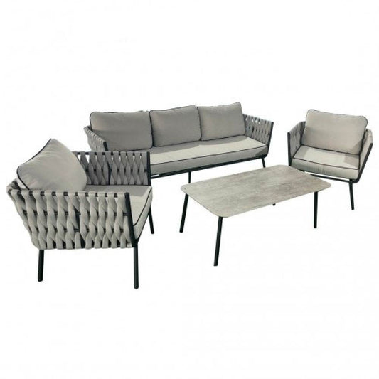 Stylish Anna Grey Aluminium & Rope Garden Sofa Set by LISF LTD, featuring a three-seater sofa, two stylish armchairs, and a coffee table, perfect for outdoor relaxation.