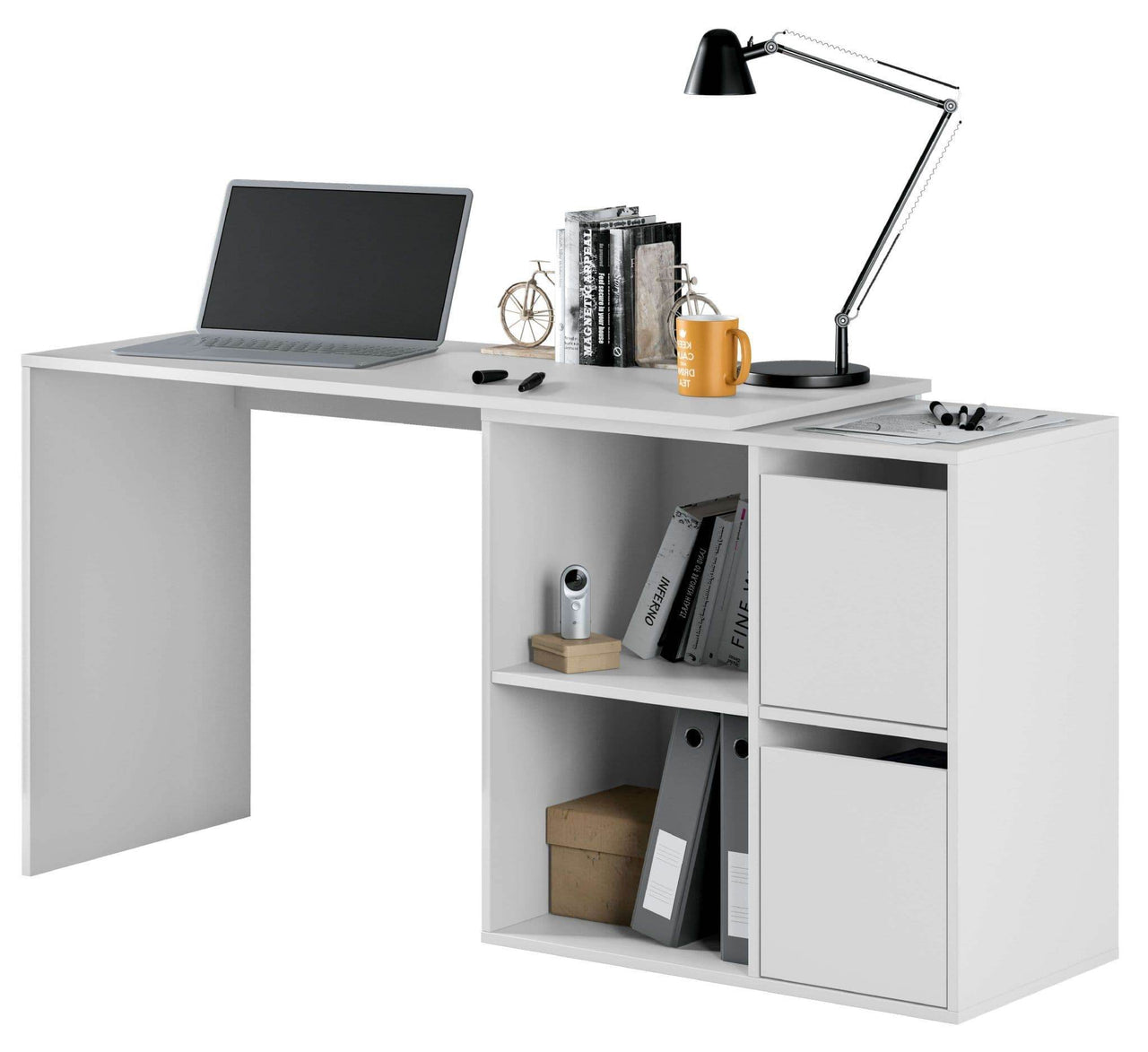 Versatile White Reversible Corner/Straight Desk with Storage and Shelves - UK Luxury Furniture