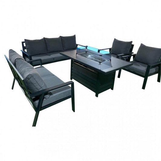 Bristol Luxury Aluminium 5-Piece Fire Pit Sofa Set by LISF LTD. featuring modern design, comfortable grey cushions, and a stylish fire pit table, ideal for outdoor gatherings.
