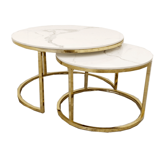 Cato Nest of 2 Short Round Coffee Gold Tables with Polar White Sintered Stone Tops - Smartshopper-uk