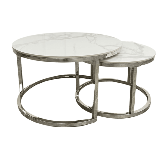 Set of two Cato Short Round Coffee Tables with Silver frames and Polar White Sintered Stone Tops by Furnish 365 Limited.