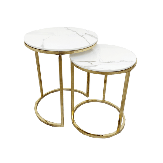 Cato Nest of 2 Tall Gold End Tables with Polar White Sintered Stone Tops - Smartshopper-uk