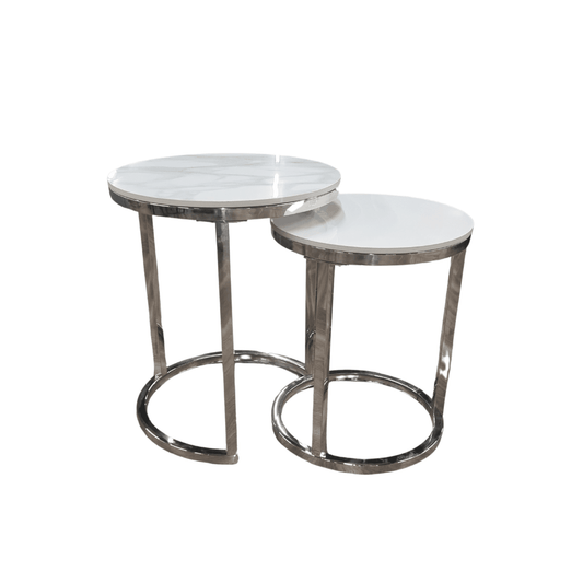 Cato Nest of 2 Tall Silver End Tables by Furnish 365 Limited featuring Polar White sintered stone tops on sleek silver chrome frames.