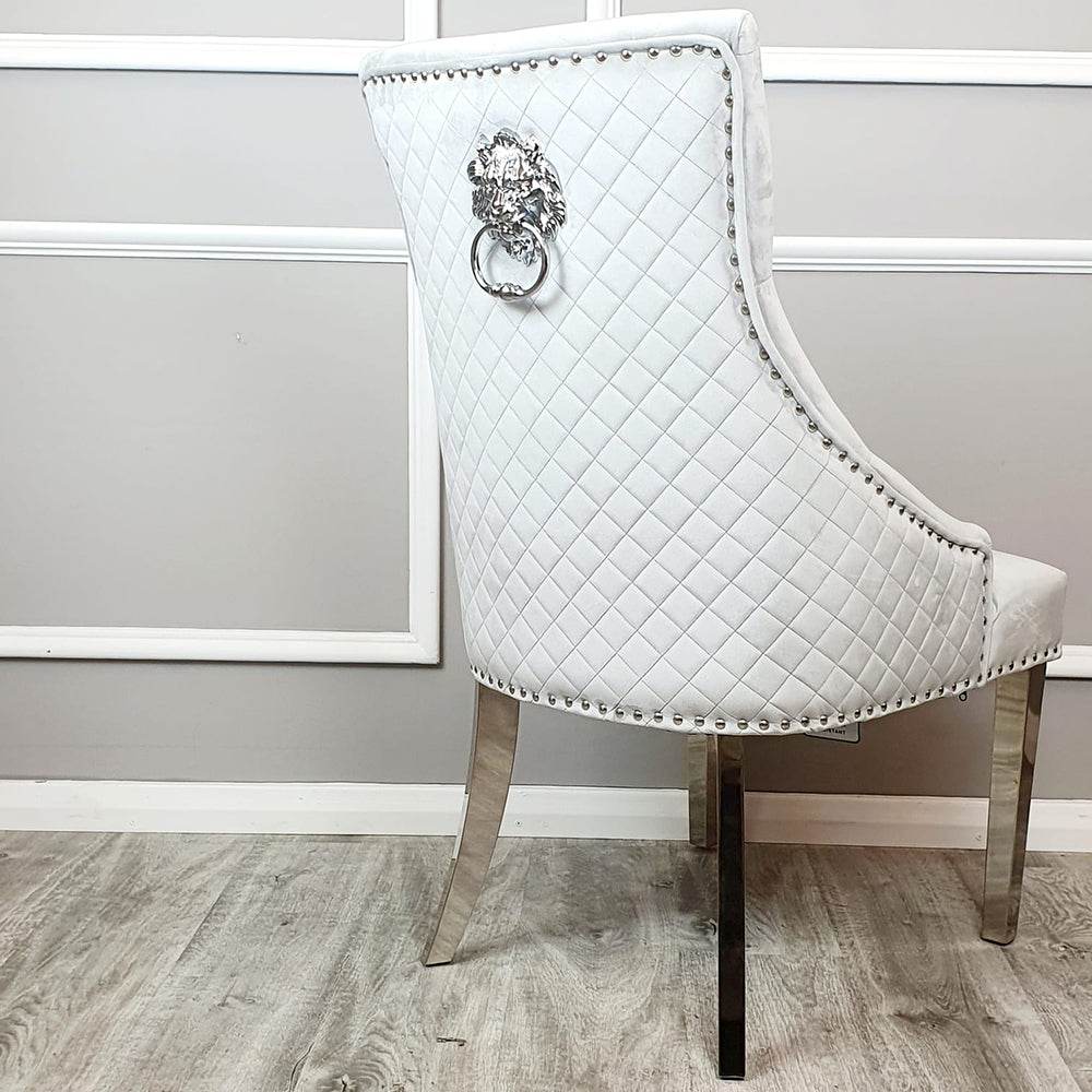 Bentley Velvet Dining Chair with Chrome Lion Knocker, Quilted Back & Studding Detail - UK Luxury Furniture