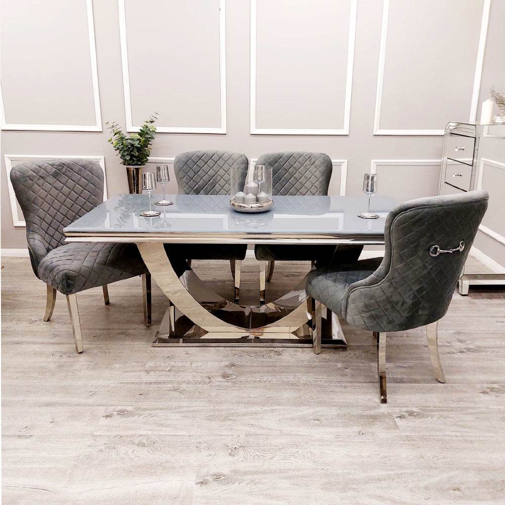 Arial Luxury Dining Table - Marble or Glass Top with Polished Stainless Steel Base - 1.6m, 1.8m, 2m Options - UK Luxury Furniture