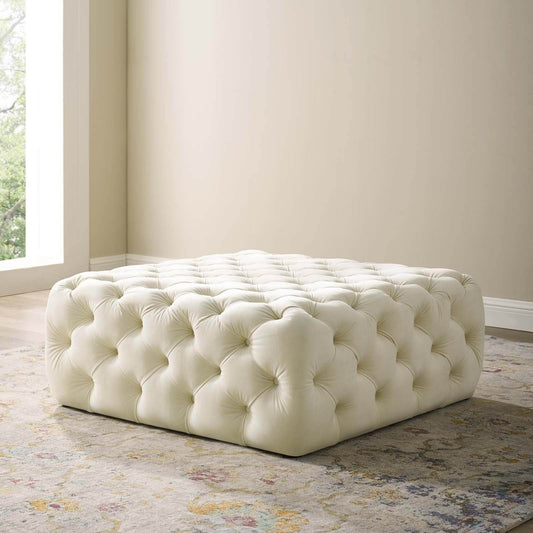 Cream Velvet Chesterfield Footstool [0m by LISF LTD, showcasing its plush tufted design in a modern living space.