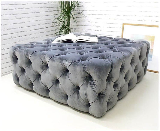 Stylish Dark Grey Chesterfield Footstool by LISF LTD., showcasing a squared shape and luxurious tufted velvet fabric, perfect for modern interiors.