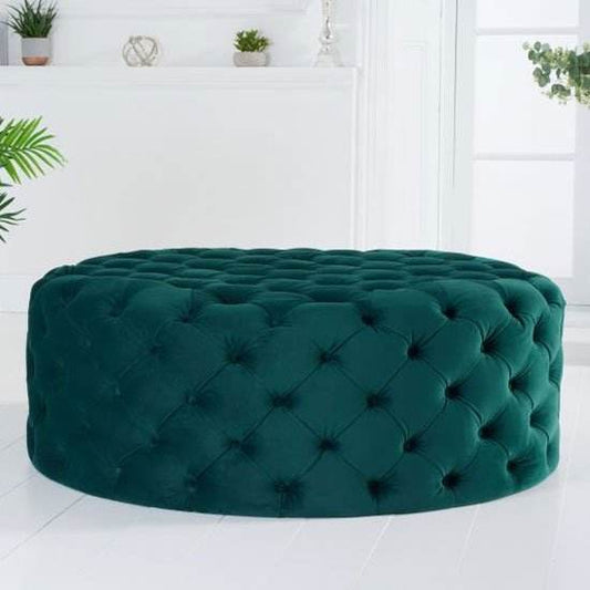 Stylish Green Velvet Chesterfield Footstool by LISF LTD., featuring a rounded design with tufted detailing, perfect for adding a touch of elegance to any living space.