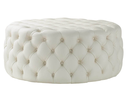 Light Cream Leather Chesterfield Footstool by LISF LTD. featuring a rounded design with tufted detailing for a classic chic look.