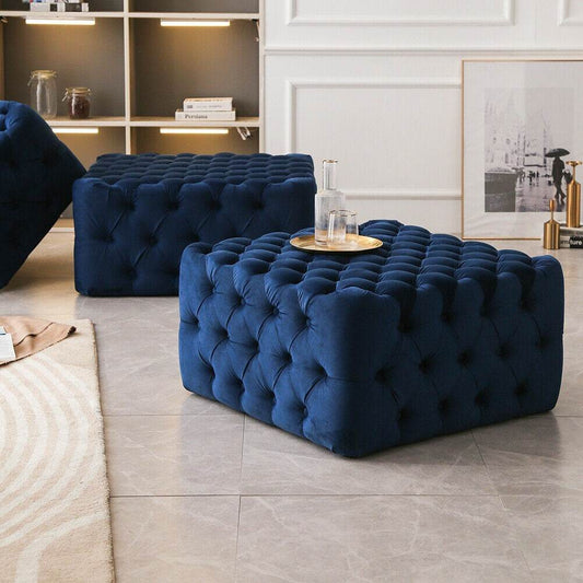 Navy Blue Velvet Chesterfield Footstool by LISF LTD., featuring a stylish squared design with plush tufted fabric, perfect for adding a touch of elegance to your living space.