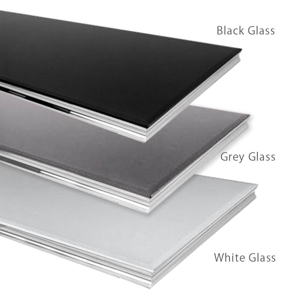 Different glass top options for the Arriana Console table by Furnish 365 Limited, showcasing black, grey, and white glass materials to suit various interior styles.