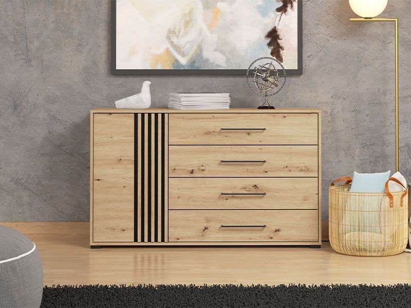 Asmara Oak Effect and Black 4 Drawer Sideboard Luxury Furniture Piece - UK Luxury Furniture