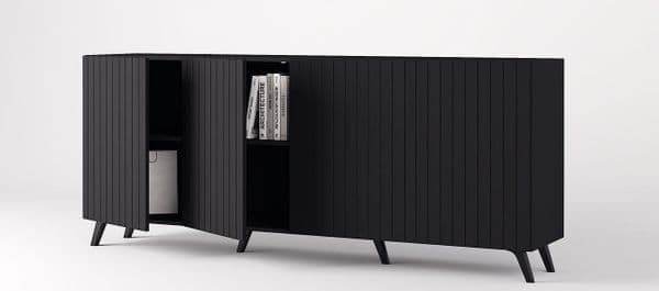 Atlantis Matte Black Wide 4-Door Sideboard with Grooved Vertical Lines, Elegant Storage - UK Luxury Furniture