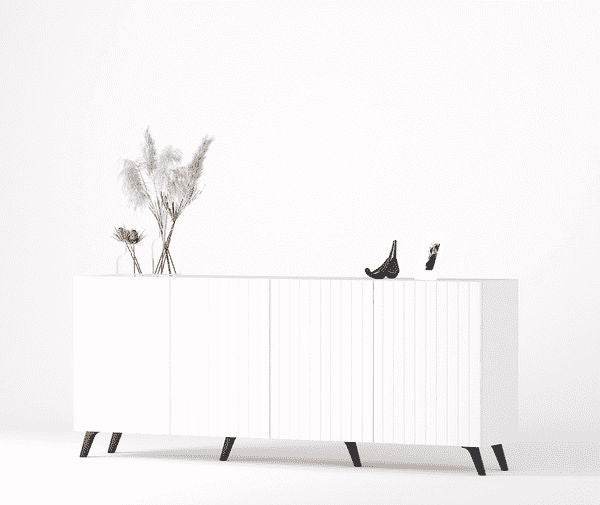 Atlantis Elegant Matte White Sideboard: Wide 4-Door Storage with Grooved Lines - UK Luxury Furniture