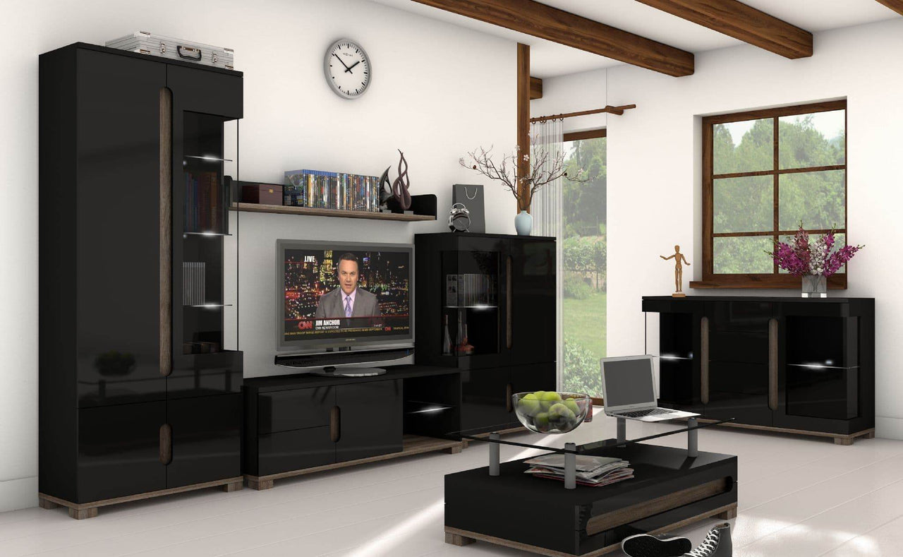 Sleek Black Gloss TV Unit with Oak Effect, Ample Storage, and 50-inch TV Capacity - UK Luxury Furniture
