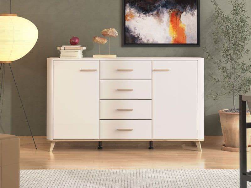 Dariqon Cashmere and Oak Effect 154cm Sideboard with 2 Doors and 4 Drawers - UK Luxury Furniture