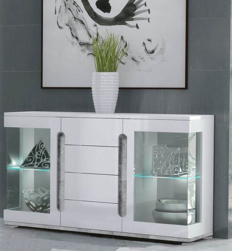 Elise White High Gloss and Grey Glass Door Sideboard T32 - Modern Storage Unit - UK Luxury Furniture