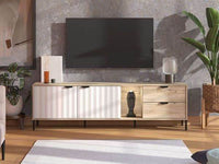 Evandria Vandea Grey Oak Effect Cashmere Slatted TV Unit Cabinet: Modern Entertainment Console - UK Luxury Furniture