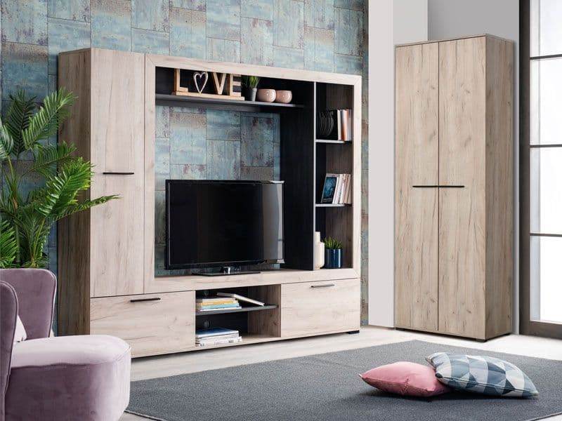 Lucerne Grey Oak Effect and Black Entertainment Unit Wall TV Cabinet - UK Luxury Furniture
