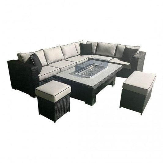 Kent Luxury Steel & Rattan 6-Piece Fire Pit Sofa Set in Black by LISF LTD., featuring contemporary design with light grey cushioning and a glass topped fire pit table.