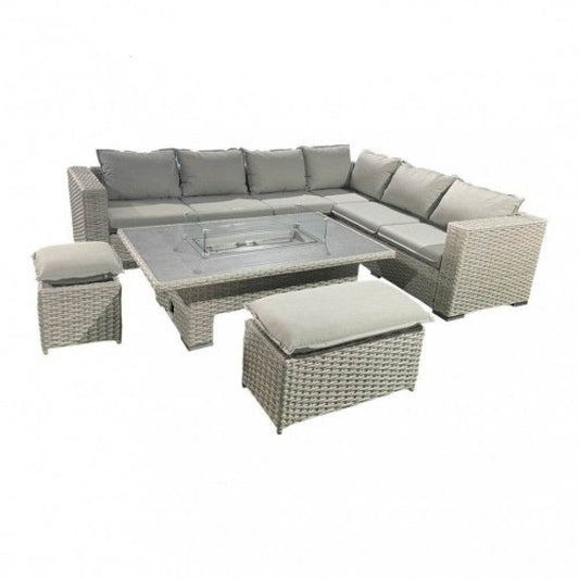 Kent Luxury Steel & Rattan 6-Piece Fire Pit Sofa Set in Grey by LISF LTD., featuring stylish seating and a central fire pit table, perfect for outdoor entertaining.