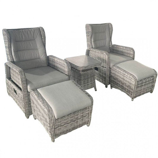 LA Luxury 5-Piece Rattan Recliner Set in Grey showcases a stylish outdoor seating arrangement by LISF LTD., featuring two comfortable reclining chairs, footstools, and a matching coffee table.