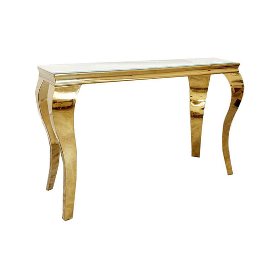 Louis Gold Console Table by Furnish 365 Limited featuring a sleek gold design with elegant curved legs, perfect for any modern interior.